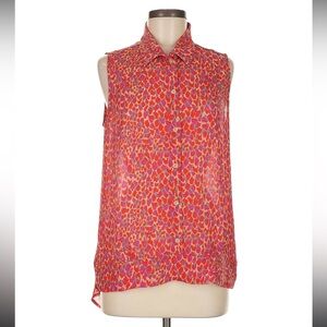 Cabi, button up blouse, shades of pink, red and tan, size small.